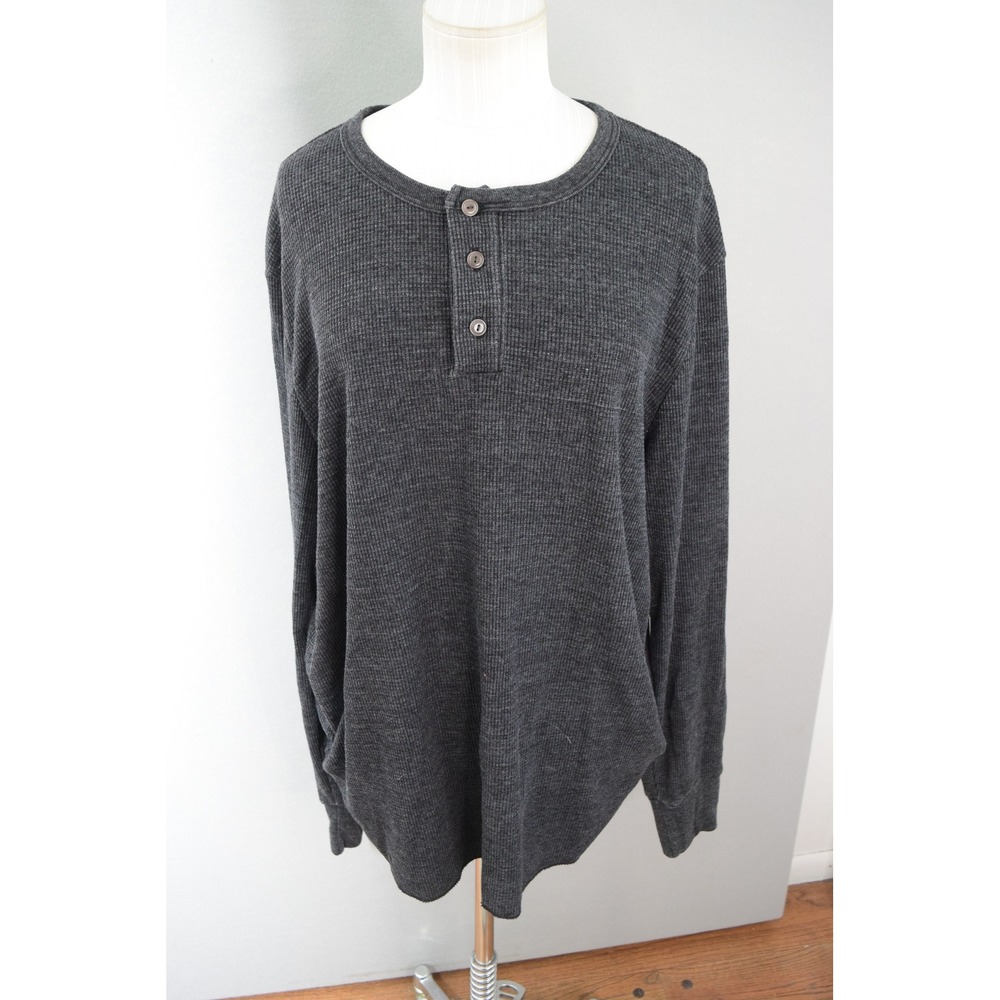 GUSTIN XXL Mens Gray Waffle Knit Long Sleeve Henley Shirt Casual Top